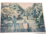 a painting of a pond in the middle of a park
