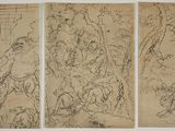 three drawings of a man and a woman in a garden
