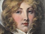 portrait of a young girl with a white bonnet and a pink bow