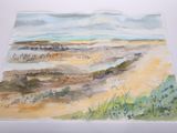 une aquarelle représentant une scène de plage sur un fond blanc