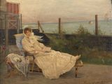 painting of a woman in a white dress sitting in a chair by the water