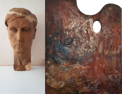 an image of a sculpture of a man ' s head next to a painting