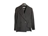 black and white pinstripe suit on a hanger on a white background