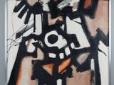 an image of a painting with black and orange paint on a white background