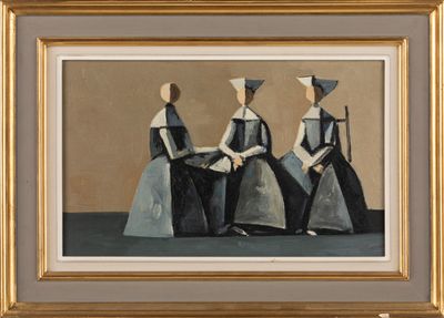 une image représentant un tableau où l'on voit trois femmes assises sur un banc