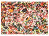 an abstract painting with red, green, yellow, and black paint