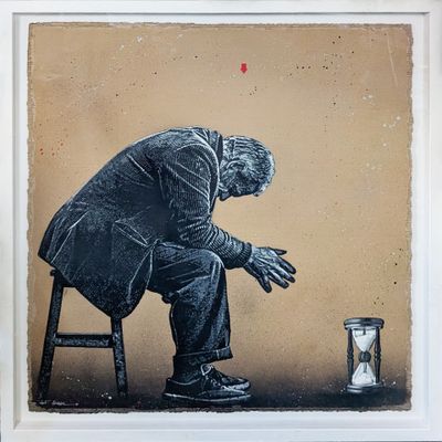 a painting of a man sitting on a chair next to a hourglass