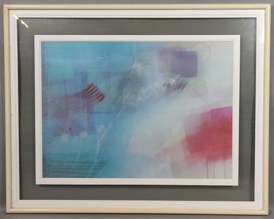 tableau accroché au mur d'une pièce, encadré de blanc et représentant un motif bleu et rouge