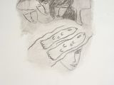 pencil drawing of a person sitting on a bed with a blanket