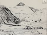 dessin représentant un paysage avec des montagnes et une rivière au premier plan