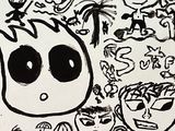 a black and white drawing of a bunch of cartoon characters