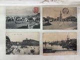 several black and white photos of a harbor with boats and people