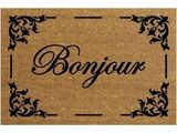 un paillasson marron sur lequel est écrit « bonjou »