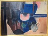 a painting of a vase and a pitcher on a table