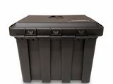 a black plastic storage box on a white background