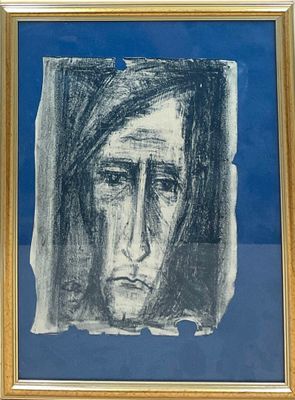 painting of a woman ' s face in a gold frame on a blue background