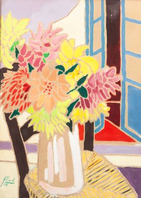 une peinture de fleurs dans un vase sur une table
