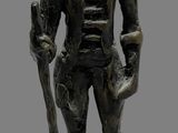 statue of a man with a horned head holding a baseball bat