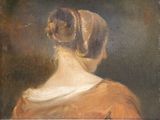 painting of a woman in a red dress with a brown head scarf