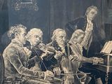 painting of a group of men playing musical instruments in front of a piano