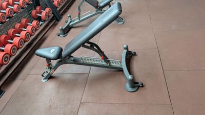 a gym bench and dumb dumbs in a gym