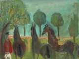 a painting of a group of horses standing in a field