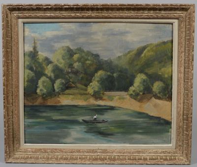 une peinture à l'huile représentant un homme dans un bateau sur une rivière