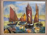 painting of a group of sailboats in the water with red sails