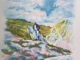 a painting of a man riding a horse on a hill