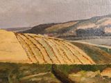 a painting of a landscape with hills and fields in the distance