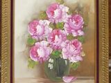 a painting of pink flowers in a vase on a table