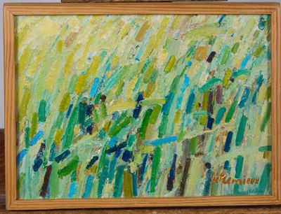 une peinture à l'huile représentant un tableau d'un champ vert avec des arbres en arrière-plan
