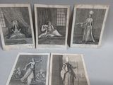 four antique engraving prints of women and men in a bedroom