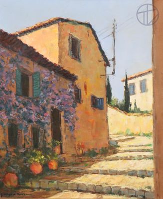 une peinture à l'huile représentant une rue avec des marches menant à un immeuble