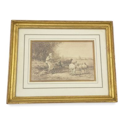 tableau représentant un homme à cheval avec un troupeau de moutons