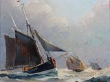 a painting of a boat in the water with other boats in the background