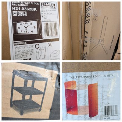 quatre images différentes représentant une boîte sur laquelle figure une horloge et une boîte sur laquelle figure un code-barres