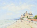 aquarelle représentant une scène de plage avec des personnes marchant sur le sable