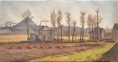 an oil painting of a farm scene with a barn and trees
