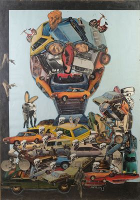 a picture of a painting of a man with a lot of cars