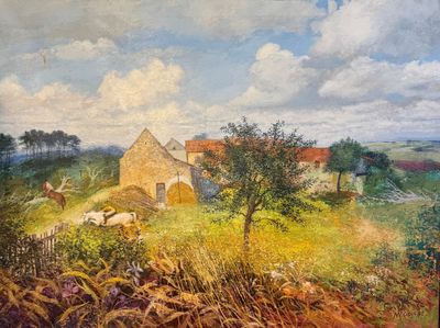 a painting of a farm scene with a cow in the foreground