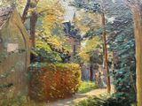 painting of a path through a garden with a church in the background