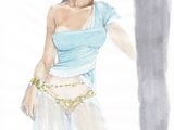 painting of a woman in a blue top and white skirt