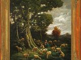 tableau représentant un tableau montrant des moutons dans un paysage boisé, avec un homme à cheval
