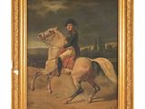 une peinture à l'huile représentant un homme à cheval dans un champ