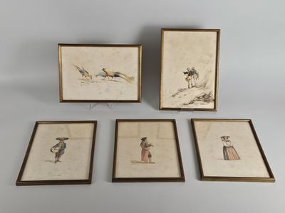 four framed drawings of birds and people on a white background