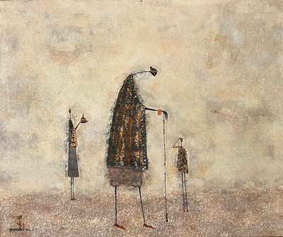une image représentant un tableau où l'on voit trois personnes avec un oiseau sur la tête