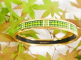 a close up of a bangle with green and yellow squares on it