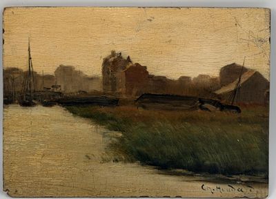 tableau représentant un tableau d'une rivière avec un bateau sur l'eau