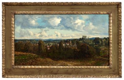 une peinture à l'huile représentant un paysage avec une vue sur une ville